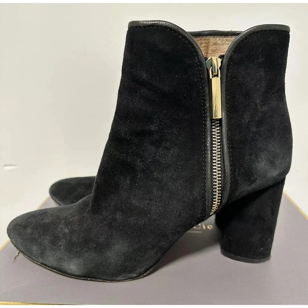 Louise et Cie‎ Boot Womens 10M Black Suede Sheep Trim Zip Ankle Heel Boots
